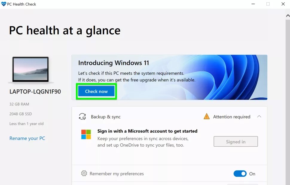 اضغط فوق check now للتأكد من تشغيل جهازك لويندوز 11